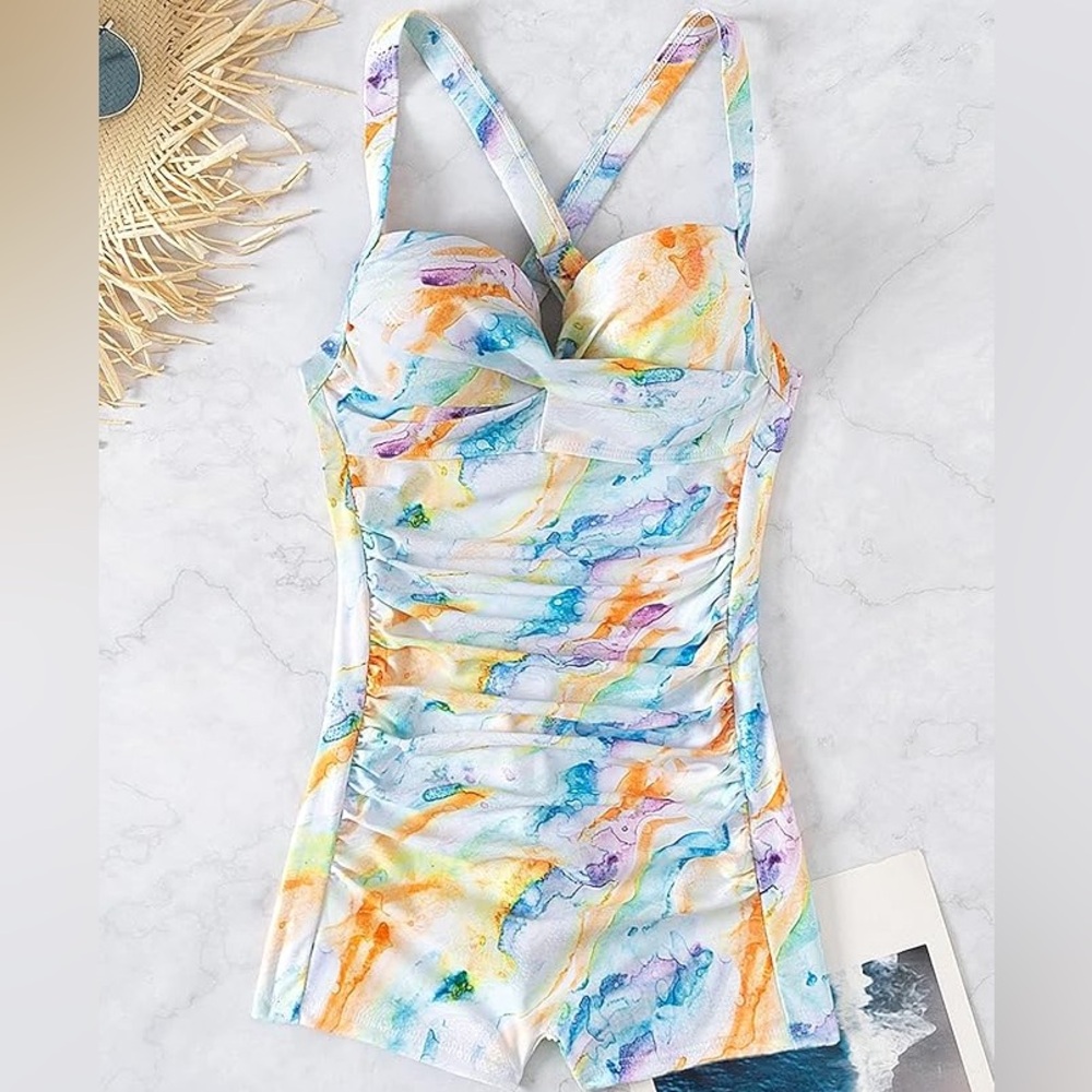 WDIRARA Women’s Marble Print Criss Cross Push-up One Piece Swimsuit size: XL